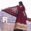 V-Neck Anarkali Kurta With Trouser & Printed Dupatta