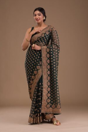 Bottle Green Zariwork Georgette Saree