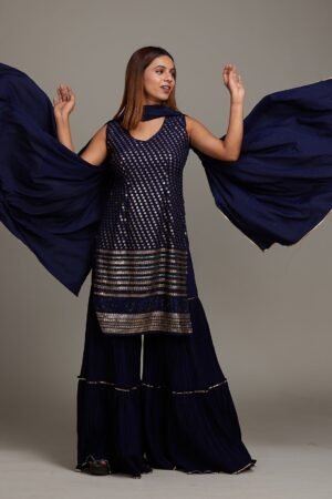 Navy Blue Sequins Semi Crepe Sharara Suit