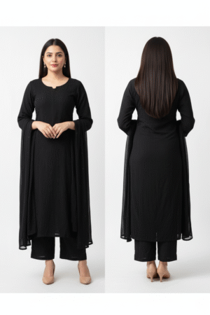 Timeless Elegance: Long Sleeves Pure Cotton Lace Anarkali Kurta with Trouser & Dupatta