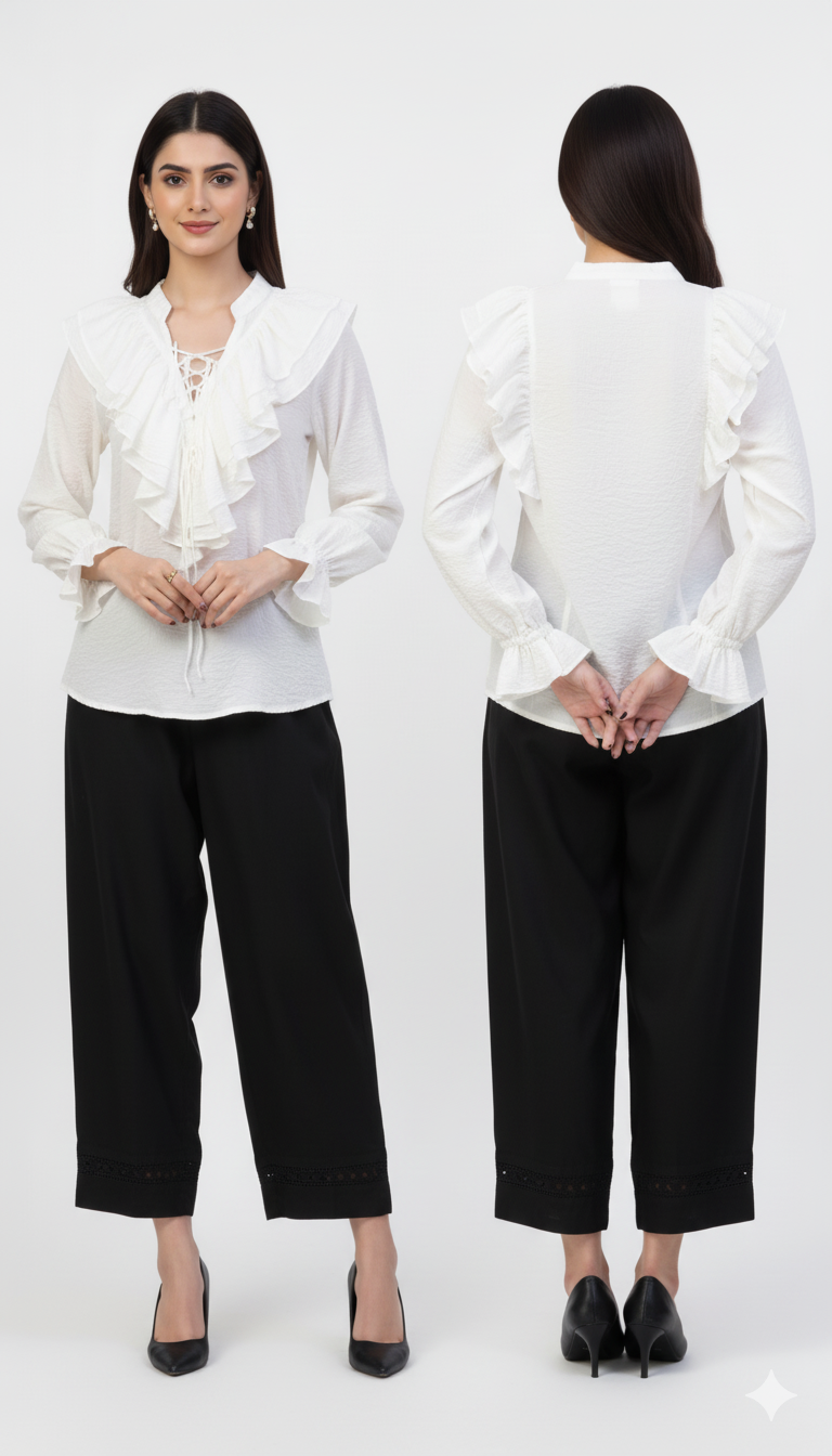 V-Neck Long-Sleeves Ruffled Shirt-Style Top with Camisole & Black Pant – Chic Contemporary Ensemble