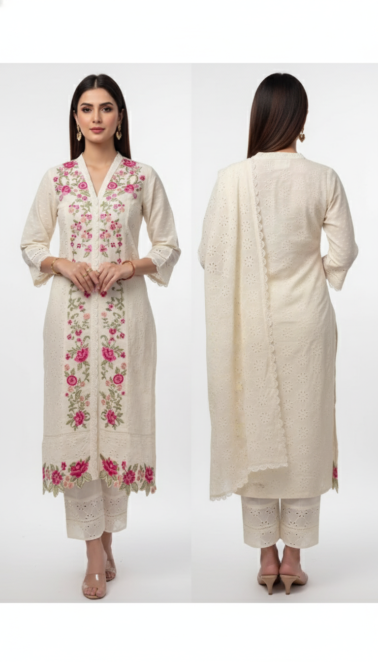 Women’s Cream-Coloured Floral Embroidered Straight Kurta – Elegant Simplicity with a Touch of Grace