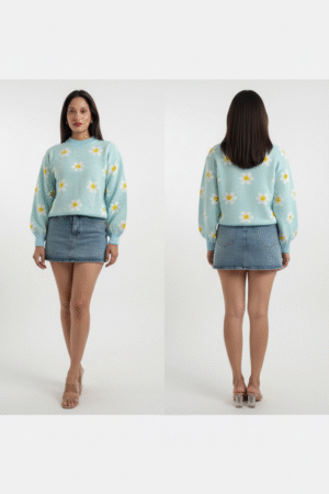 Women’s Blue Floral Knits Bits Sweater – Cozy Elegance in Every Stitch