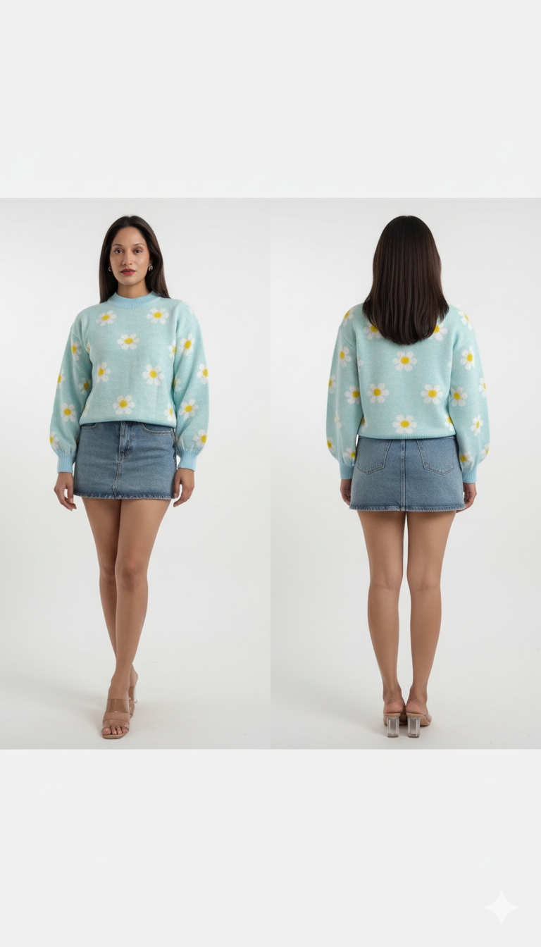 Women’s Blue Floral Knits Bits Sweater – Cozy Elegance in Every Stitch