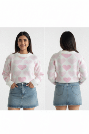 Women's Pullover Sweaters Long Sleeve Round Neck Heart Pattern Drop Shoulder