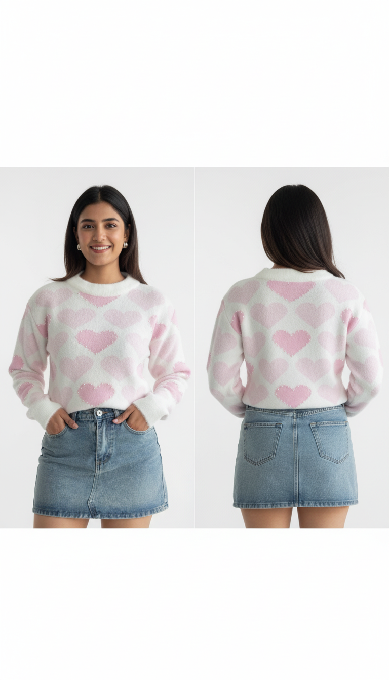 Women's Pullover Sweaters Long Sleeve Round Neck Heart Pattern Drop Shoulder
