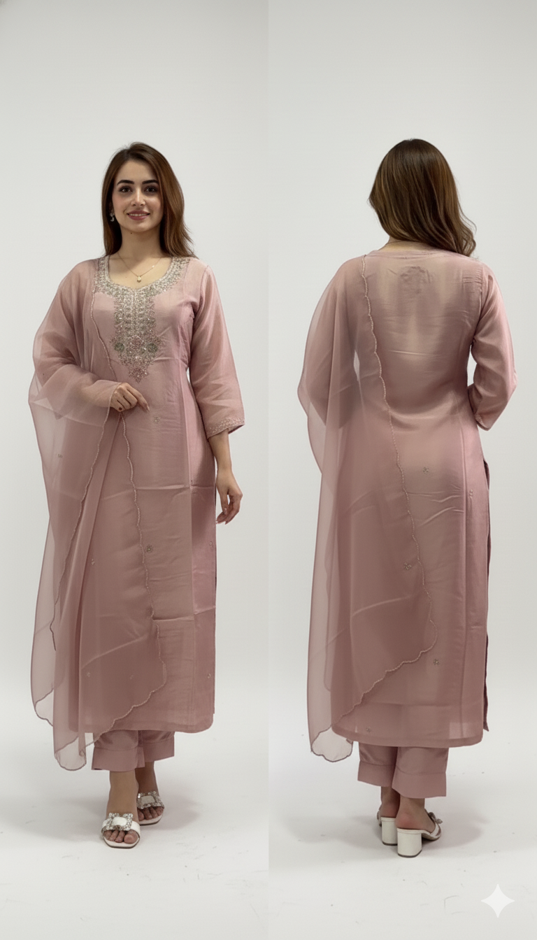 Women’s Chanderi Cotton Silk Embroidery Kurta & Silk Crepe Pant Set – A Perfect Blend of Luxury, Elegance, and Comfort